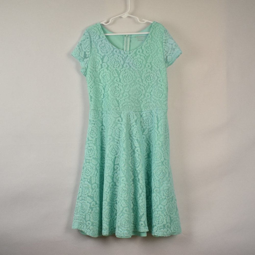 Xhilaration Girls Size 14/16 Mint Floral Lace Short Sleeve Knee Length Dress